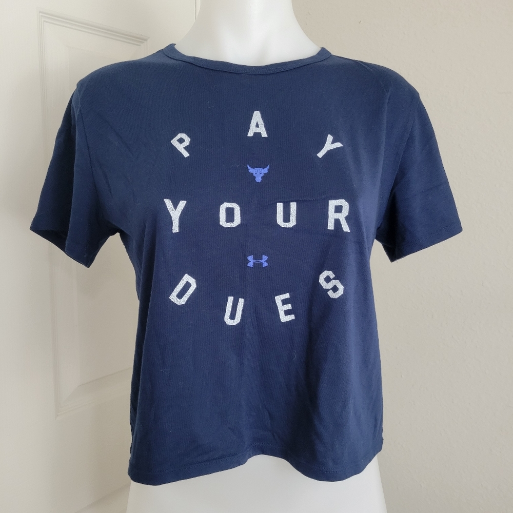 Under Armour X Project Rock PAY YOUR DUES Cropped TShirt M EUC Navy